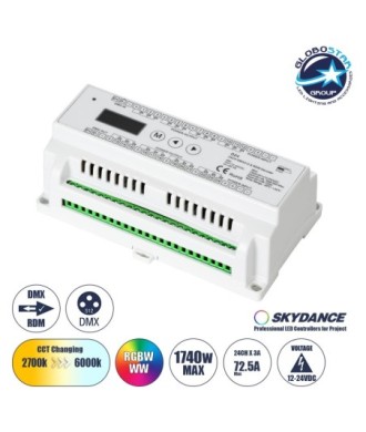 GloboStar® 71450 D24 SKYDANCE DC DMX & RDM Dimmer Din Rail Ράγας High Speed Controller - Decoder 24 Καναλιών DC 12-24V 24 x 3A 72W - Max 72.5A 1740W - IP20 Μ16 x Π9 x Υ6cm - 5 Years Warranty
